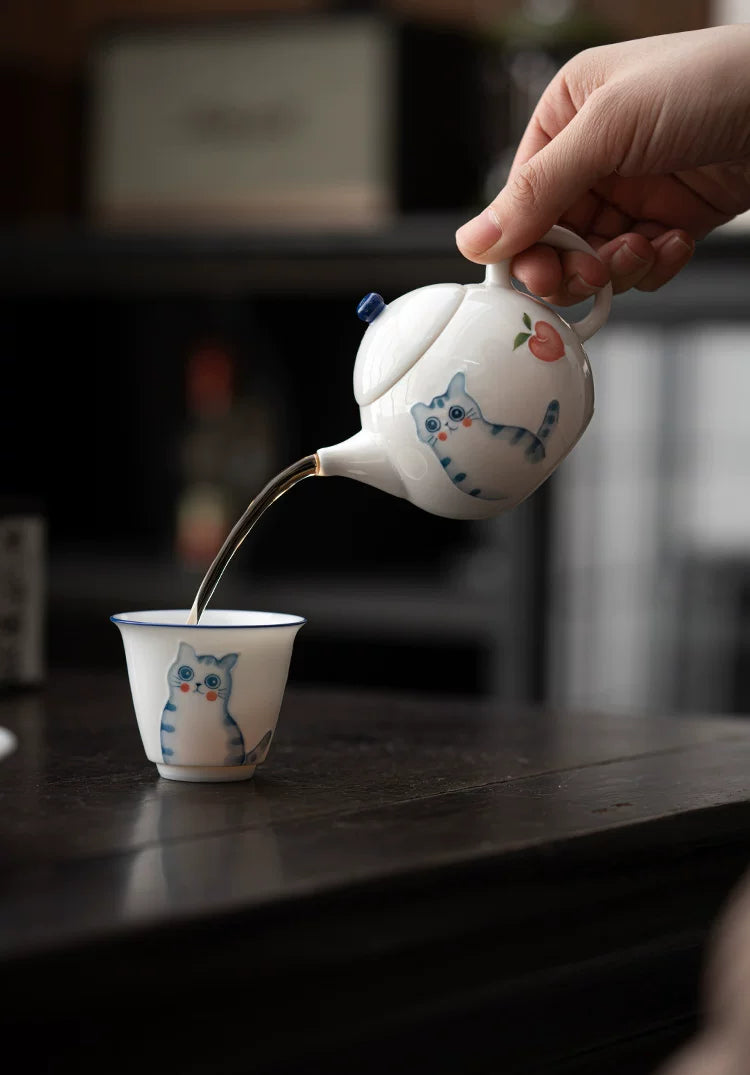 Tetera de Cerámica con Diseño de Gato y Melocotón