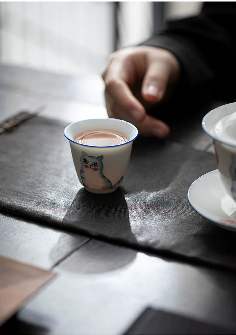 Vaso de Té de Cerámica con Diseño de Gato y Melocotón